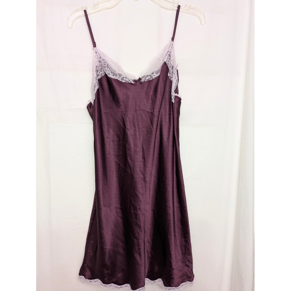 Victoria's Secret Satin Slip Dress S Plum Purple Lace Trim SideSlit Y2K Lingerie